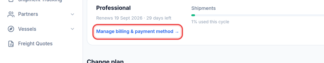 The billing page with the Manage billing and payment methods link outlined in red.