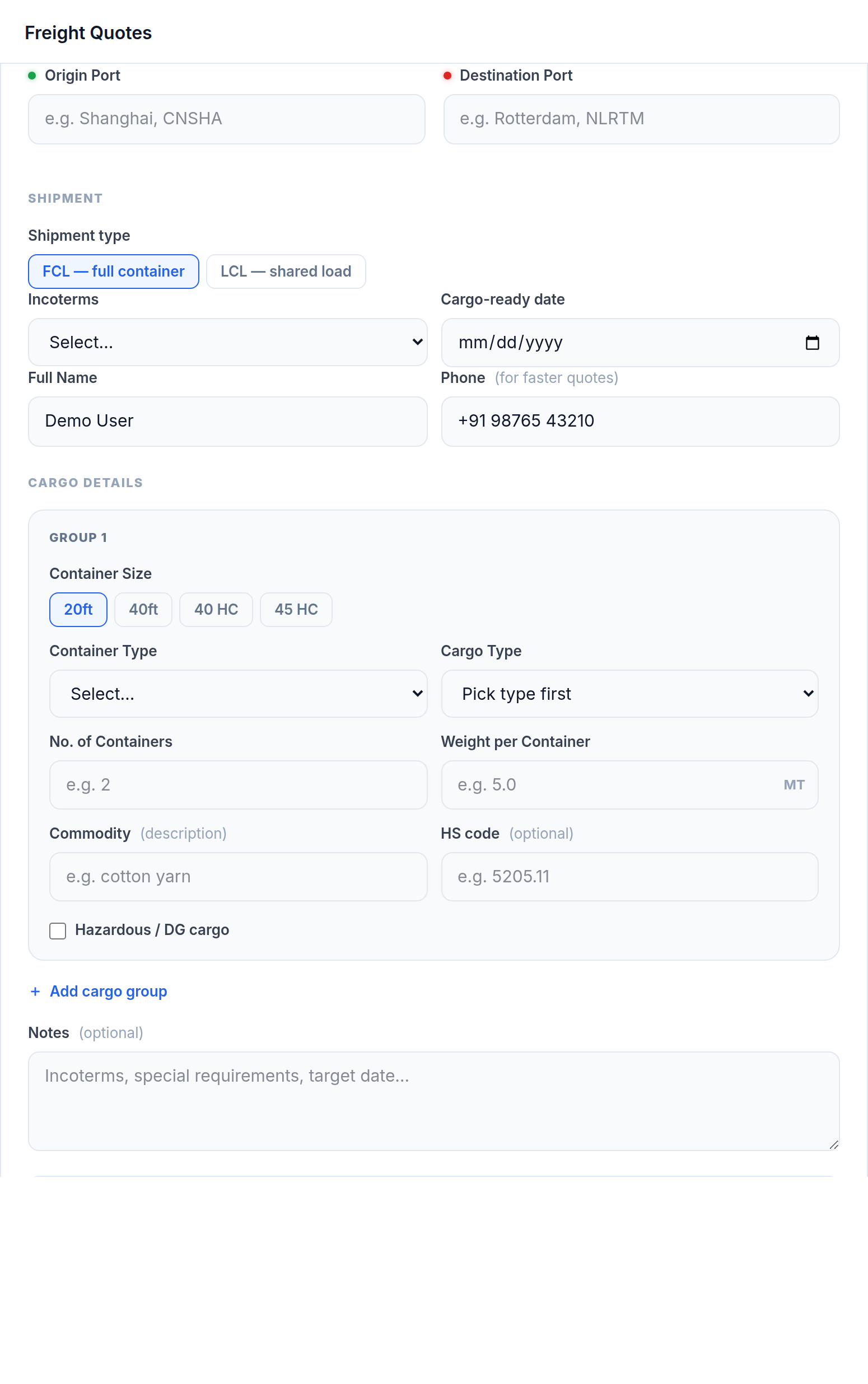The new freight request form, with fields for the lane, cargo details and the date the goods are ready.