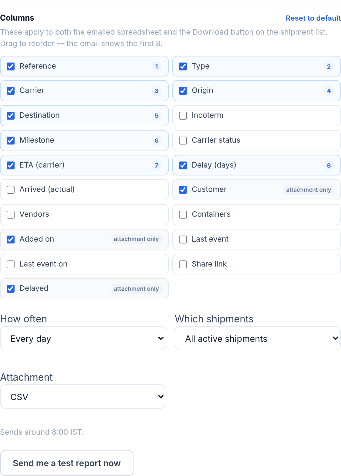 The daily shipment report settings: a column picker with numbered ordering, and selects for how often, which shipments and attachment format.