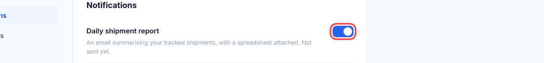 Settings, Notifications tab: the Daily shipment report row with its switch outlined in red.