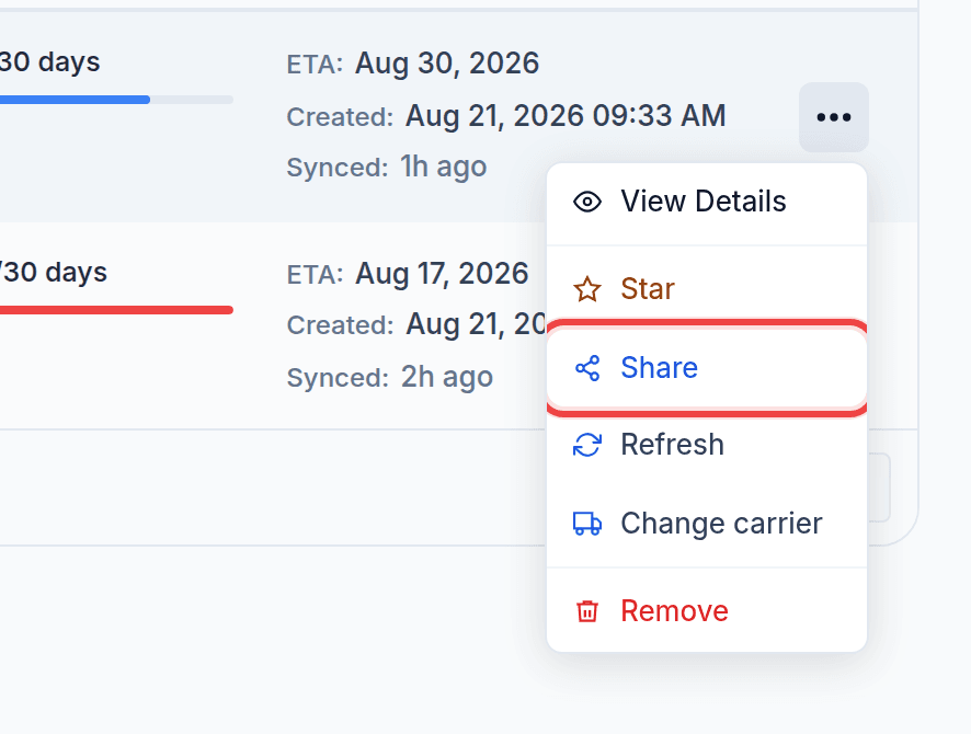 The row actions menu on a shipment, with Share outlined in red among View Details, Star, Refresh, Change carrier and Remove.