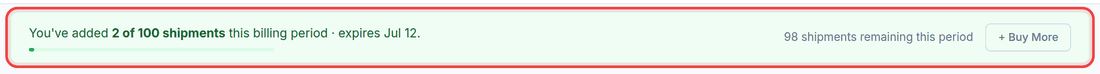 The usage banner on an annual account, outlined in red: shipments added against a single pool for the whole year, with an expiry date eleven months away.